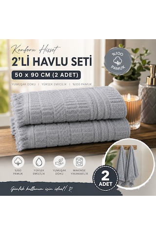 2'li Yüz Havlusu Seti 50x90 Cm Pamuklu El Havlusu Püsküllü Yumuşak Dokulu Yüksek Emici Günlük Kullanım Gri