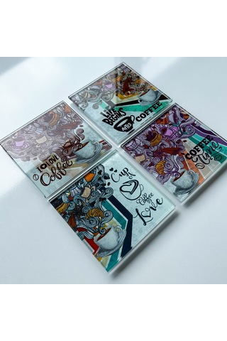 Cam Bardak Altlığı Retro Coffee 4'lü Takım Beyaz