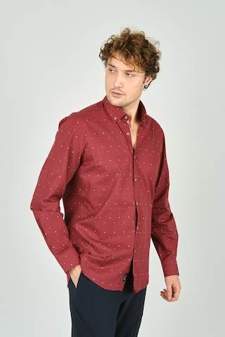 De Leone Erkek Slim Fit Desenli Uzun Kollu %100 Pamuk Gömlek 2045 Kırmızı Kırmızı