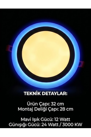 Yuvarlak Sıva Altı Led Spot Armatür 36 Watt Çift Renk Mavi Günışığı Aydınlatma Gece Lambası