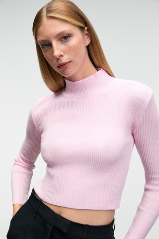 Grimelange CALIDA Kadın Dik Yaka Fitilli Görünümlü Slim Fit Triko Pembe Kazak