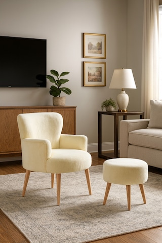 Roma Berjer + Puf Set - Welsoft Yumuşak Kumaş - Ahşap Ayak - Krem Krem