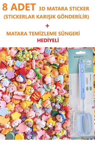 8 Adet 3d Matara Stickerı+ Matara Temizleme Süngeri Hediyeli 001