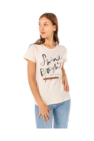 Vıshenka Kadın Bej Compact Penye Yazı Baskılı T-Shirt (500592675) Bej