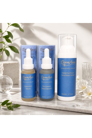 Dermaura Yaşlanma Karşıtı Premium Anti Aging Bakım Seti Gece Boyunca Nem, Bakım Ve Göz Çevresi Desteği Sunan 3'lü Cilt Bakım Rutini