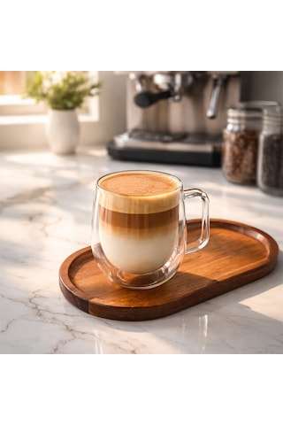 Porsima Pbt-323 Çift Cidarlı Cam Kupa Çay Kahve Kupası Isı Yalıtımlı Kulplu Cam Bardak 250 Ml Cam - Şeffaf
