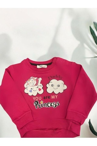 Zekids Kız Bebek Dady Yazılı Bulut Baskılı Pamuklu Sweat-14461 Fusya