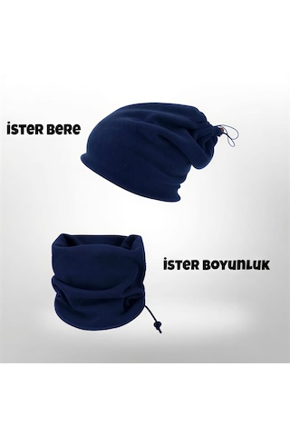Qulothes Extrakalın Termal Polar Soğuk Geçirmez Bere & Boyunluk Unisex Pamuklu Kışlık Ayarlanabilir İpli Bere Lacivert