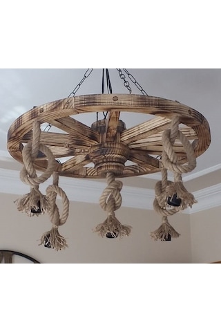 Otantik Çarşı Ahşap Halatlı Teker Avize 70 Cm. 5'Li
