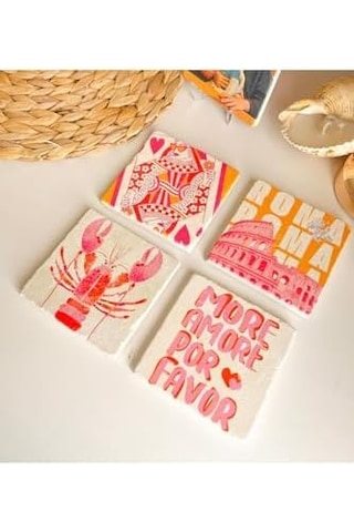 Modern Art Tasarımlı Bardak Altlığı Roma, Pembe Ve Turuncu Kolezyum, İskambil Ve Motto Temalı 1