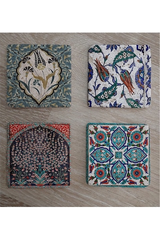 Çini Desenleri Doğal Taş Bardak Altlığı 4'lü Set - Natural Stone Coasters-174231 Çok Renkli