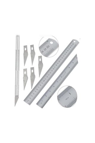 Artlantis Çelik Cetvel 30 Cm Ve Kretuar Bıçağı 5 Yedek Bıcaklı 1 Adet Paslanmaz Çelik Metal Çetvel 30 Santimetr Genel