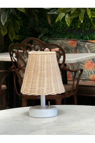 Rattan & Bambu Masa Üstü Kablosuz Pilli Abajur Masa Lambası Beyaz