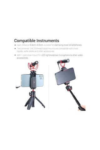 Geeksen Ulanzi St-07 Akıllı Telefon Tutucu - Tripod, Mikrofon Ve Led Işık İçin Ayarlanabilir Vlog Klipsi