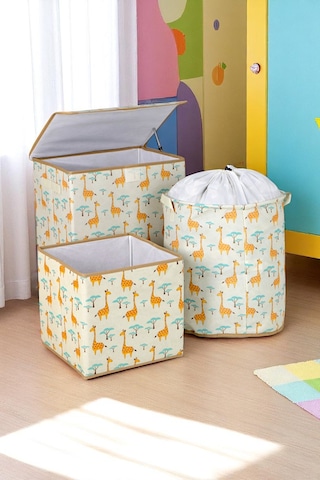 İronika Graffe Dolap İçi Organizer Oyuncak Kutusu Eşya Çamaşır Saklama Sepeti Düzenleyici Kutu 3lü Set Bej