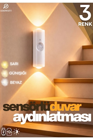 Hareket Sensörlü Usb Şarj Edilebilir Çift Taraflı Üç Renk Led Gece Lambası Dolap İçi Koridor Çok Renkli