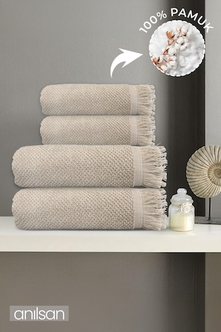 4'lü Bej Jelena Havlu Seti %100 Pamuk - 2 Adet El Havlusu 50x90 Ve 2 Adet Banyo Havlusu 70x140 Bej