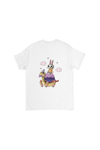 Paybuy Çocuk Tişört %100 Pamuk Kaplumbağa Tavşan Baskılı Macera Teması D beyaz