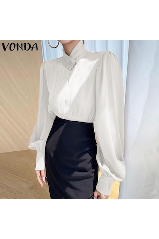 Vonda Kadın Zarif İnci Yakalı Düz Renk Çizgili Uzun Kollu Pileli Bluzlar Beyaz
