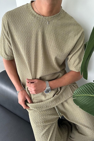 Haki Örme Desenli Relaxed Tişört Haki