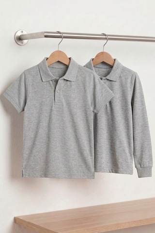 Nacar Store Unisex Çocuk Uzun Ve Kısa Kollu Polo Yaka Okul Tişörtü 2'li Set Gri
