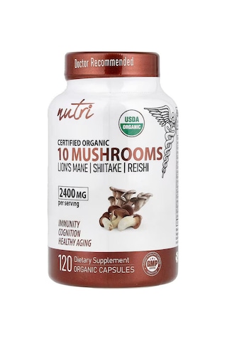 Nutri Organic 10 Mushrooms Lion's Mane , Turkey Tail , Reishi 120 Organic Caps