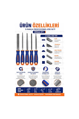 5 Parça Profesyonel Eğe Seti 200 Mm 8" Ergonomik Kaymaz Saplı Sertleştirilmiş Çelik Ahşap Metal Pl