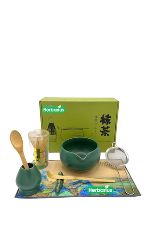 8 Parça Mat Zümrüt Yeşili Krem Tabanlı Renk Matcha Çayı Hazırlama Seti - Geleneksel Japon Matcha Seti