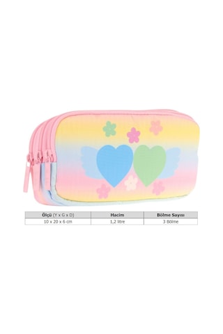 Kaukko Kids Üç Bölmeli Sarı Pembe, Kalp Ve Çiçekler, Kız Çocuk Okul Kalem Çantası - L8213 Sarı - Pembe