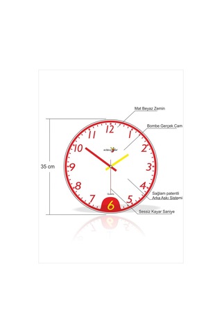 Büyük Sarı Kırmızı Beyaz Bombe Camlı Sessiz Hediyelik Duvar Saati Kırmızı
