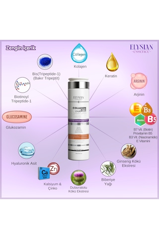 Elysian Essence Kolajen Collagen & Biotin & Hyaluronic Acid Şampuanı 3 Adet Copper Peptidli Nemlendirici, Dolgunlaştırıcı, Besleyici Bakım 300 Ml Tüm Saç Tipleri