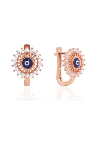 Pave Sıralı Nazar Boncuğu Gümüş Küpe Rose-2358