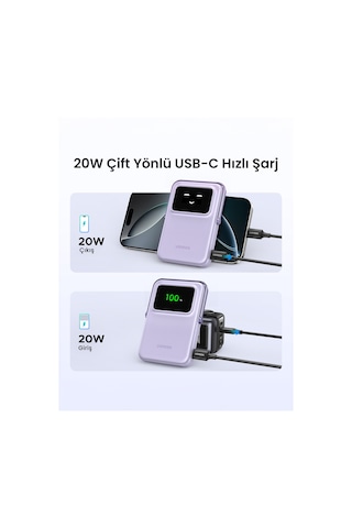 Ugreen Uno Magsafe Wireless 10.000 Mah 20w Hızlı Şarj Mini Powerbank, Mor, 45328 Standart