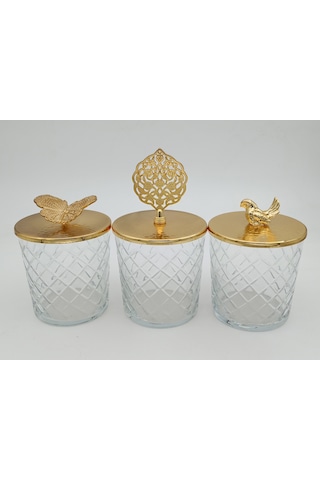 Fidex Home Cam Kapaklı Bardak Şekerlik-lokumluk 3 Lü Gümüş