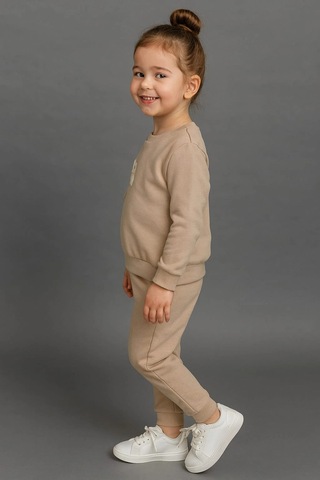 Papatya Nakışlı %100 Pamuk 2 Li Çocuk Eşofman Takımı Bej