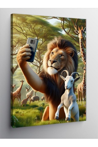 Kanvas Tablo Selfie Yapan Keçi Ve Aslan 50cmx70cm
