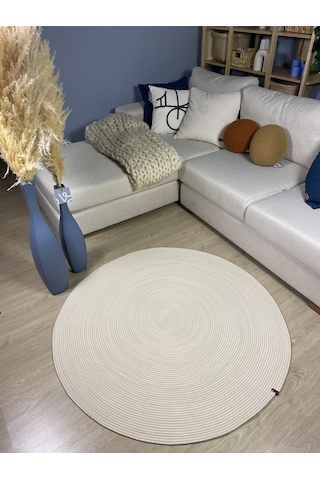Jüt Yuvarlak Hasır Görünümlü Klasik Halı Kilim Krem