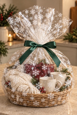 Yılbaşı Kar Tanesi Baskılı Şeffaf Jelatin, 2li Paket, 100x130 Cm, Yeniyıl Hediye Paketleme Jelatini