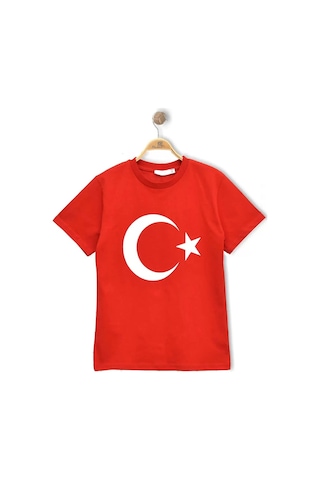 Alg Türk Bayrak Baskılı Ay Yıldızlı Kırmızı Çocuk Tişört %100 Pamuk Bir Beden Büyük Önerilir Kirmizi