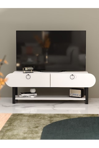 Tv Sehpası Tv Ünitesi Kapaklı Raflı Setro Beyaz Beyaz