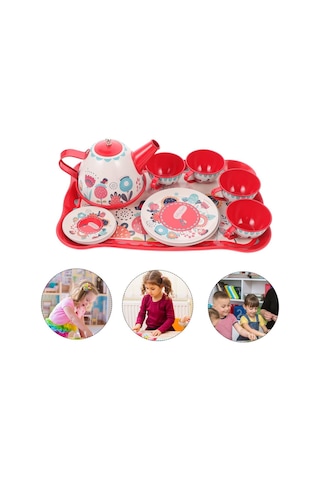 Toysan Metal Desenli Tepsili Çay Seti 966-d16, Minik Kız Çocukları İçin Evcilik Seti