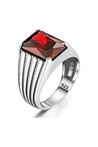 Gümüş Oktagon Kırmızı Zirkon Taşlı Erkek Yüzük Gümüş