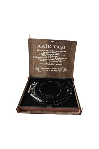Akik Taşı Tesbih & Bileklik Seti Özel Tasarım Siyah