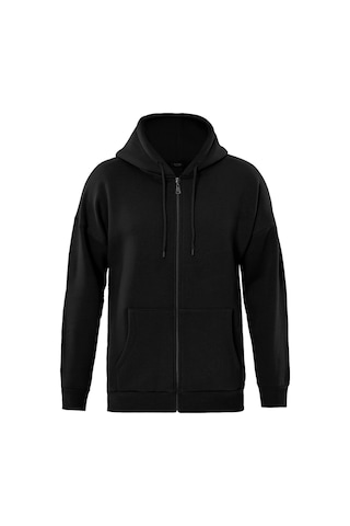 Unisex Fermuarlı Kapüşonlu Oversize Sweatshirt - Siyah Siyah