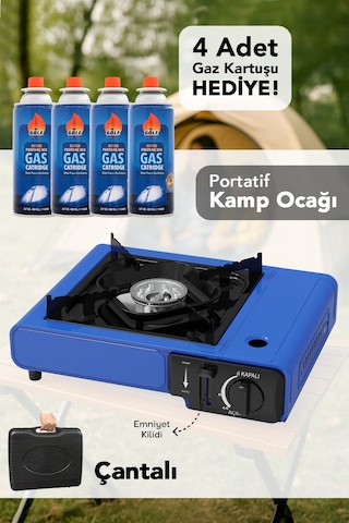 Portatif Kamp Ocağı - Taşıma Çantalı Gazlı Stop Emniyetli Mavi Kamp Ocağı Ve 4 Adet 227 Gr Kartuş Mavi