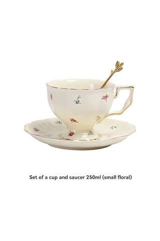 Lemestar Porselen Kahve Fincan Seti 250ml - Büyük Kapasite, Gümüş Kenar, Tabak Ve Kaşık İçeren Fransız Stil Servis Seti Beyaz