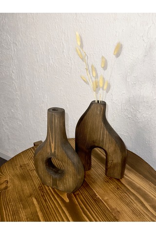 O&a Wood Doğal Ahşap Dekoratif İkili Takım Biblo Vazo Ceviz
