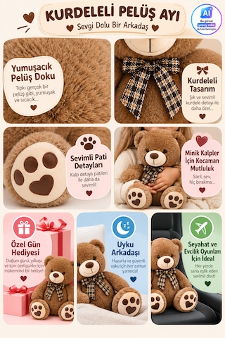 30cm Kurdeleli Pelüş Ayı Yumuşak Dokulu Sevimli Pati Detaylı Oyuncak Peluş Ayıcık Açık Kahverengi