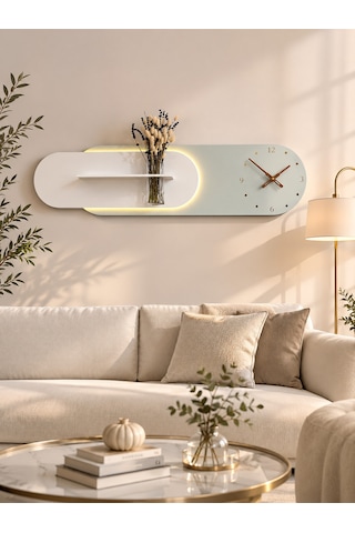 Kardelen Ahşap Pilli Ledli İskandinav Tarzı Salon Duvar Rafı Modern Çiçeklik 112 X 28 Cm Paris Grisi - Yeşil