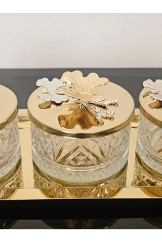 Atabey Home Collection 3'lü Kelebekli Gold Tepsili Kase Seti & Şekerlik & Sunumluk & Çerezlik
